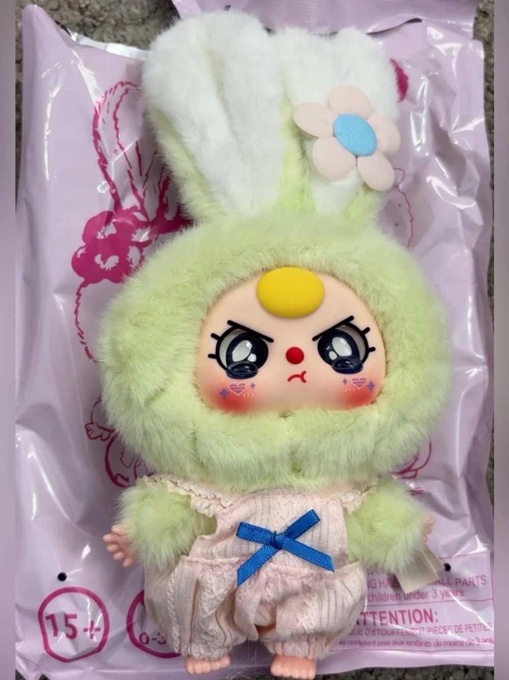 Cute Plush Bunny Doll in Light Green with Pink Outfit
